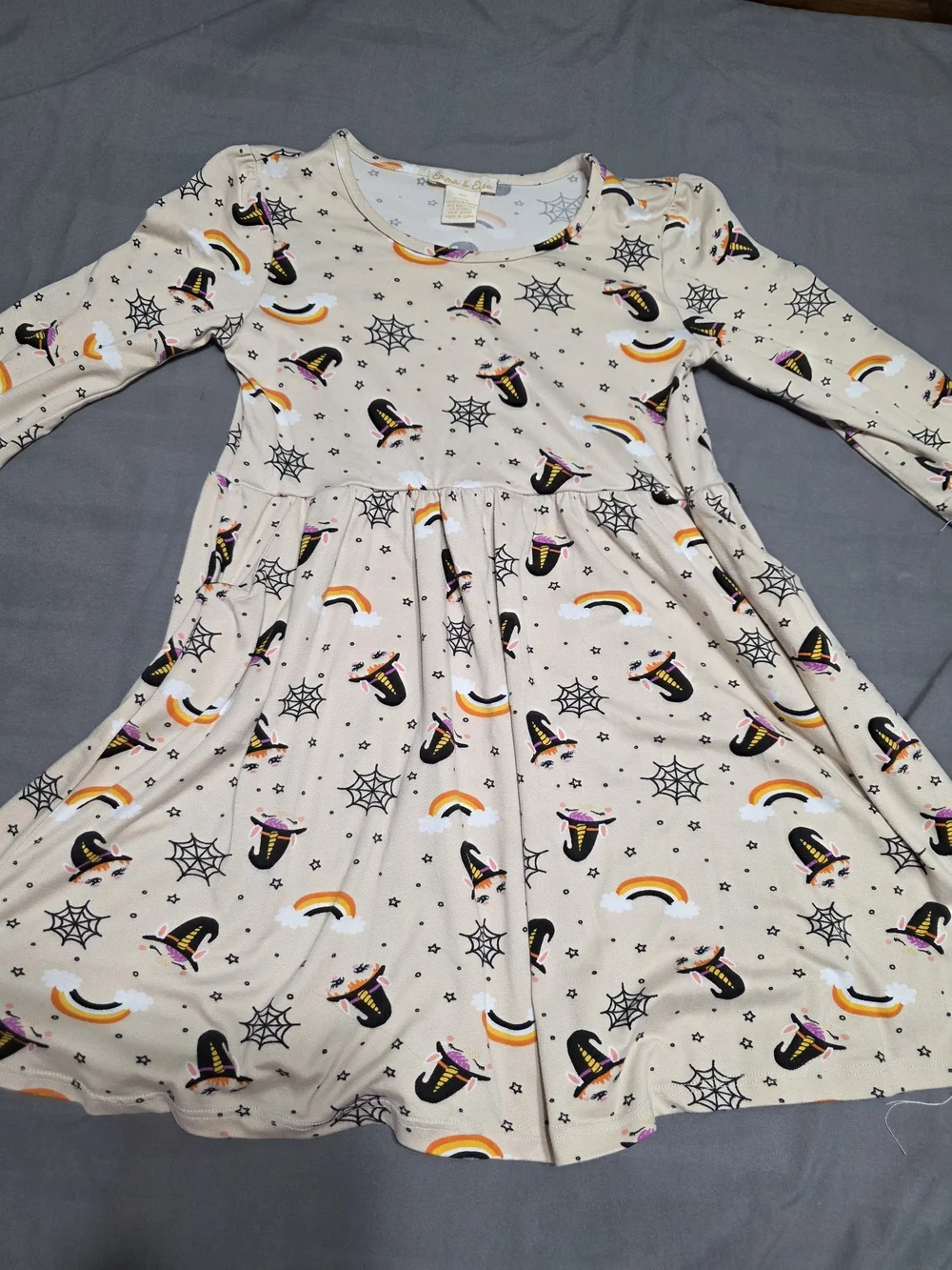 Girls' Halloween Witch & Rainbow Long Sleeve Dress - Cream